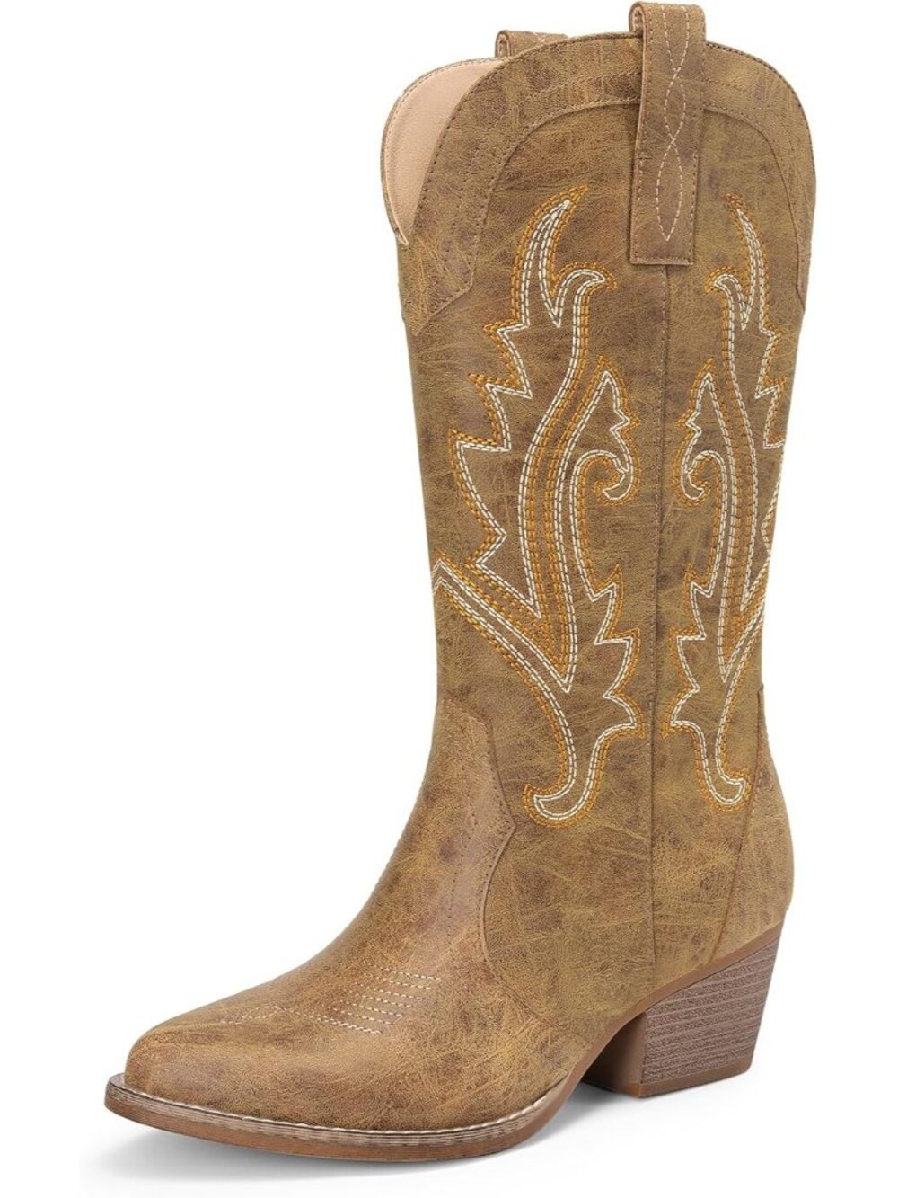 Women's Tan Cowboy Cowgirl Mid-Calf Boots Classic Western Riding Boots